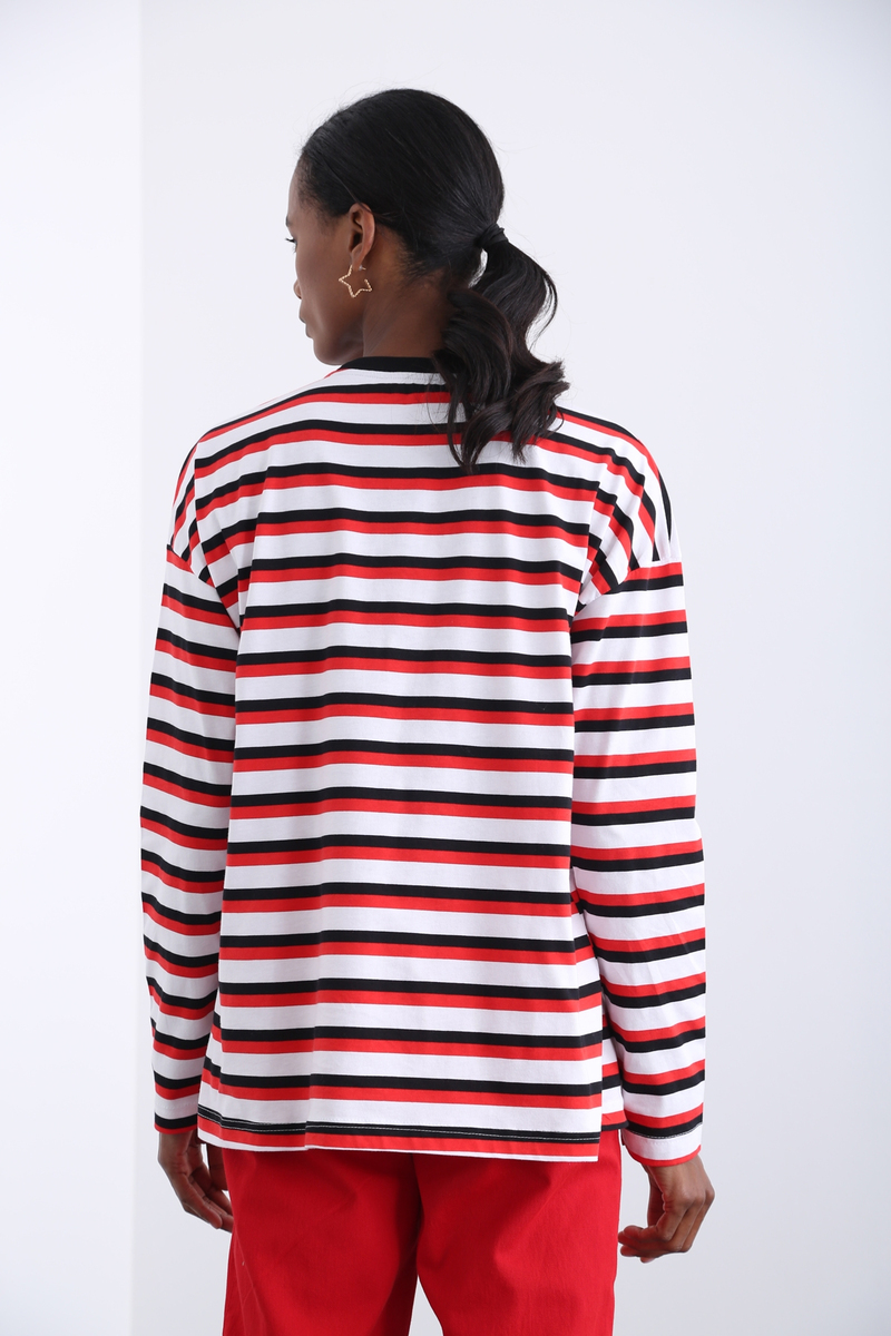 Beyaz Oversize Çizgili Tshirt 