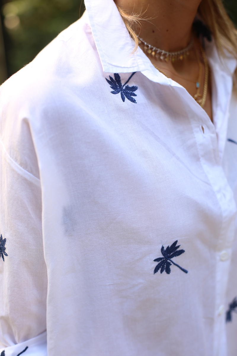 Beyaz Palmiye Nakışlı Kimono