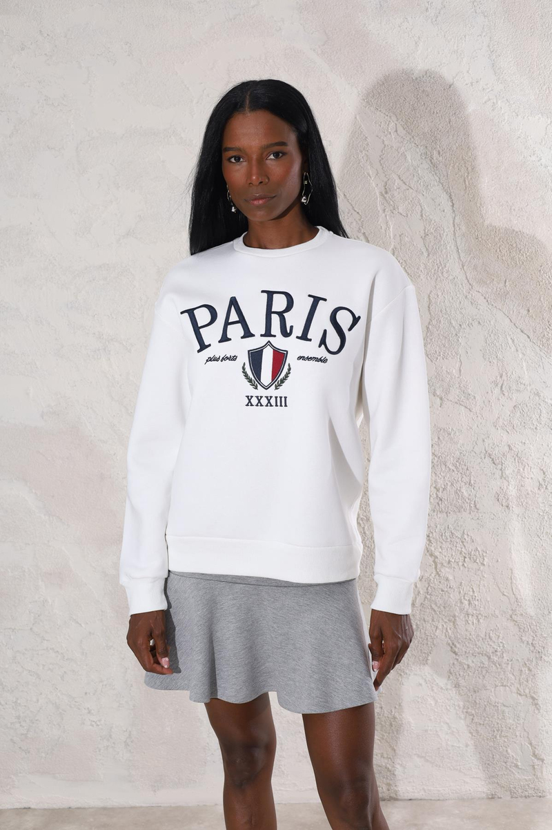 Beyaz Paris Nakışlı Sweatshirt 16543