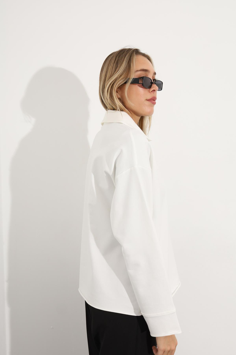 Beyaz Polo Yaka Fermuarlı Sweatshirt 24465