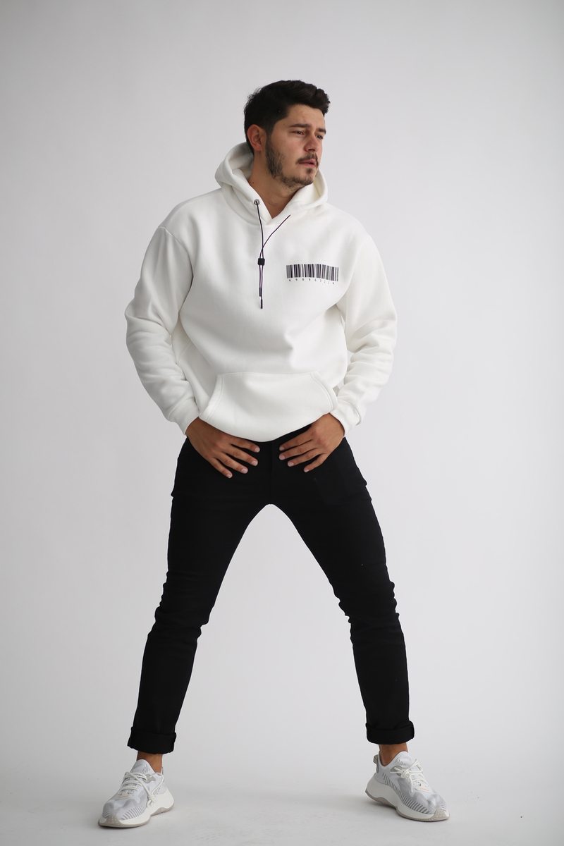 Beyaz Şardonlu Barkod Baskılı Sweatshirt K-251