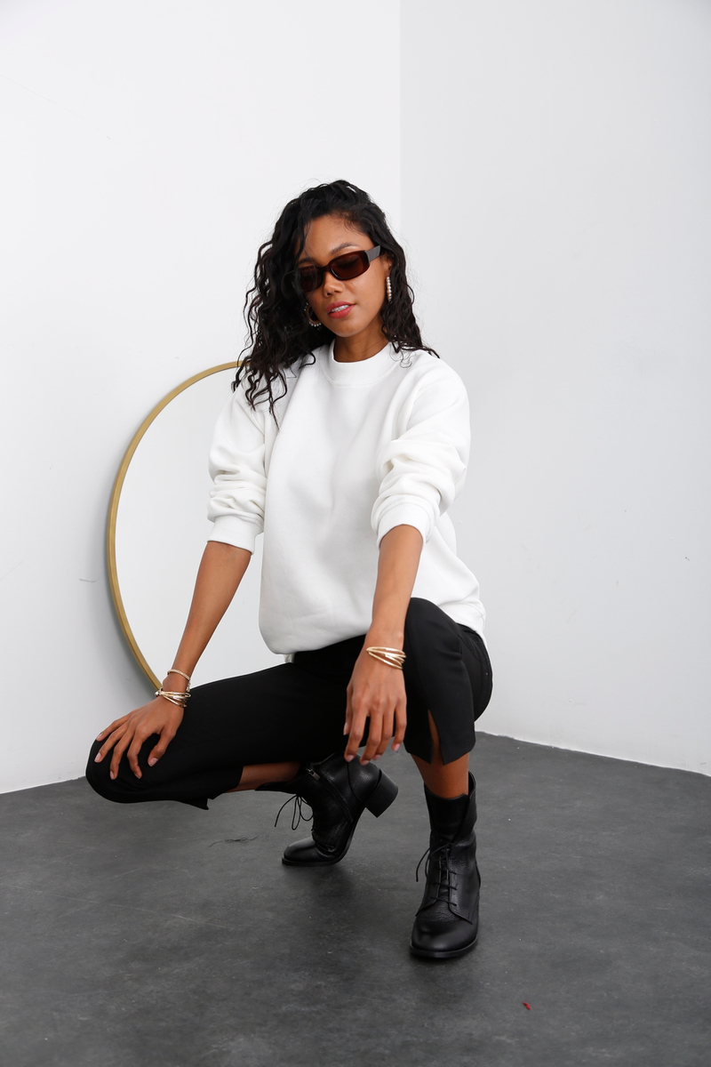 Beyaz Şardonlu Boyfriend Sweatshirt 0100