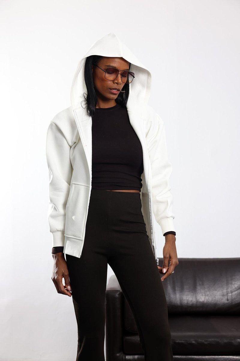 Beyaz Şardonlu Fermuarlı Sweatshirt 042