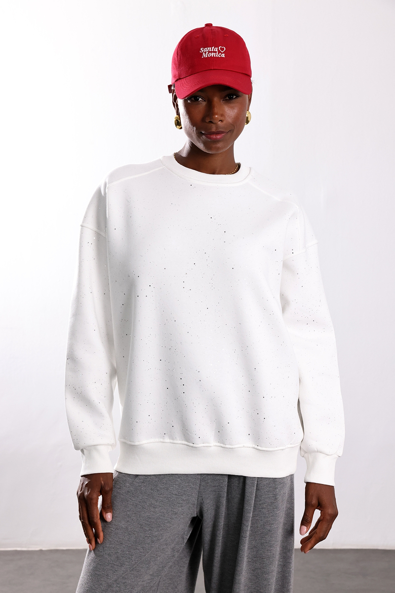 Beyaz Taşlı Bisiklet Yaka Sweatshirt 12177