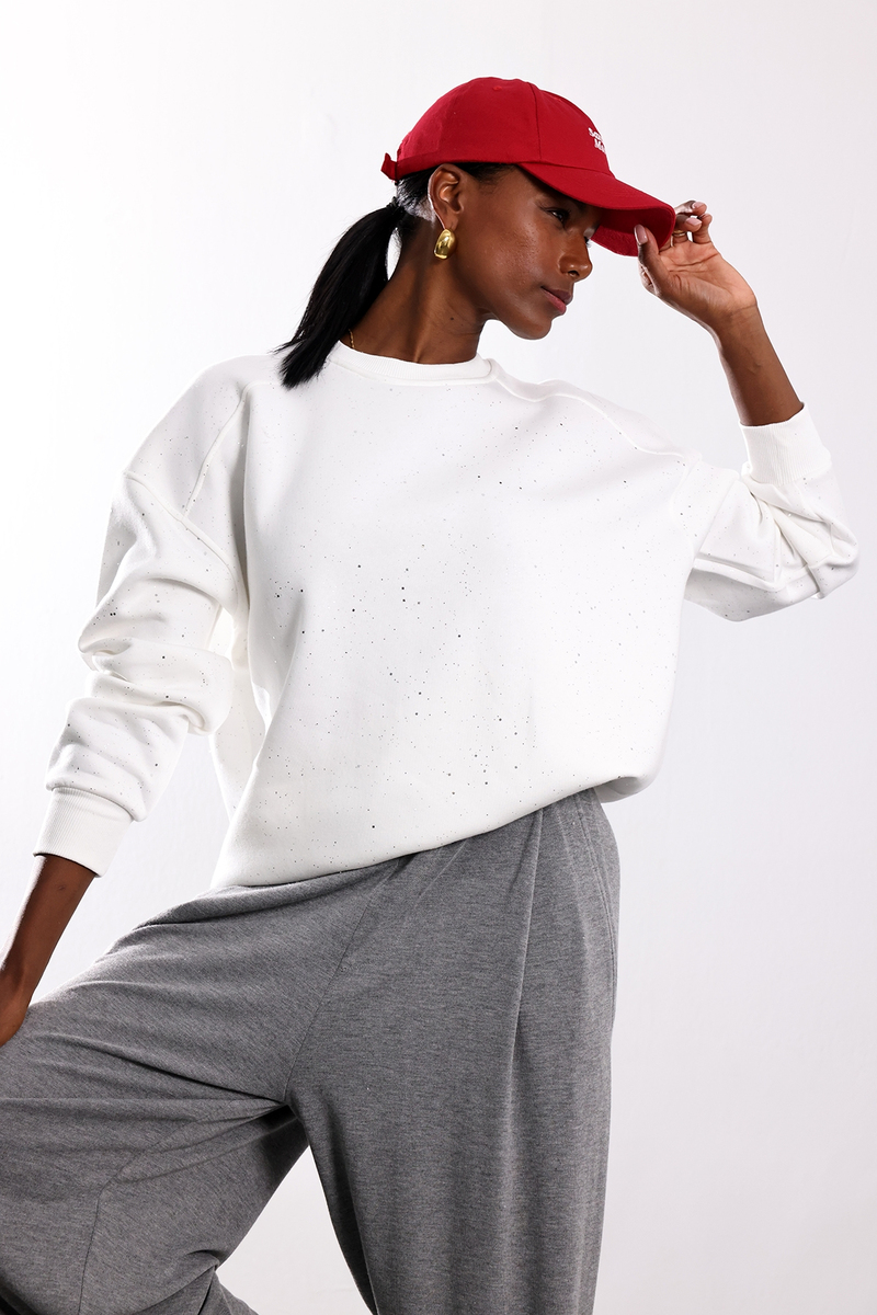 Beyaz Taşlı Bisiklet Yaka Sweatshirt 12177
