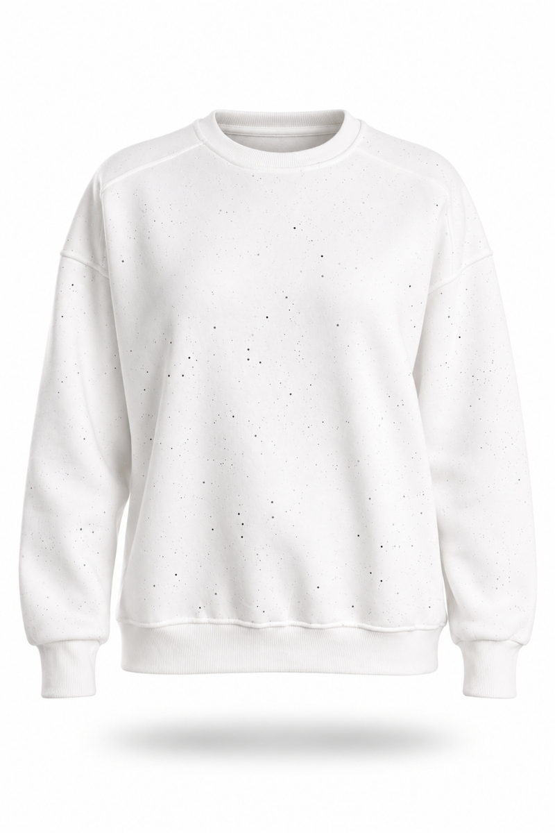 Beyaz Taşlı Bisiklet Yaka Sweatshirt 12177