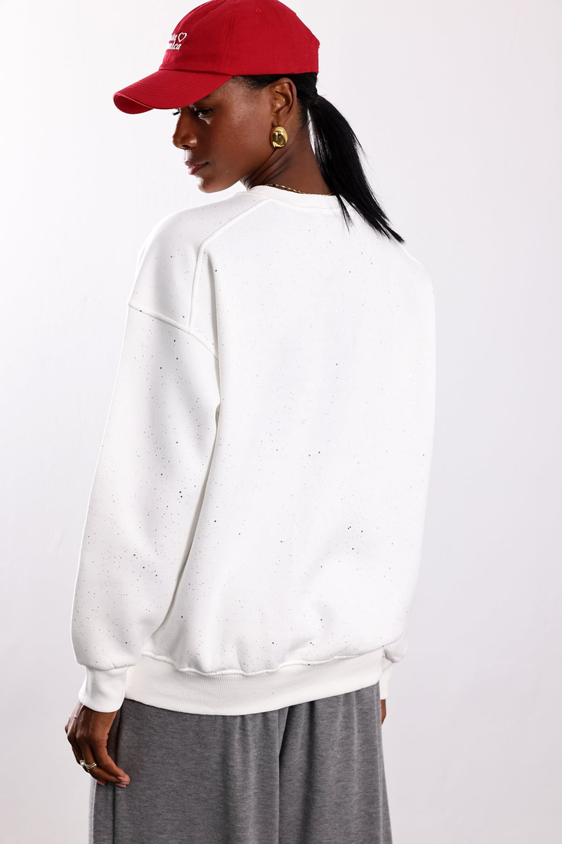 Beyaz Taşlı Bisiklet Yaka Sweatshirt 12177