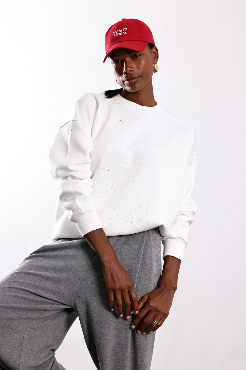 Beyaz Taşlı Bisiklet Yaka Sweatshirt 12177