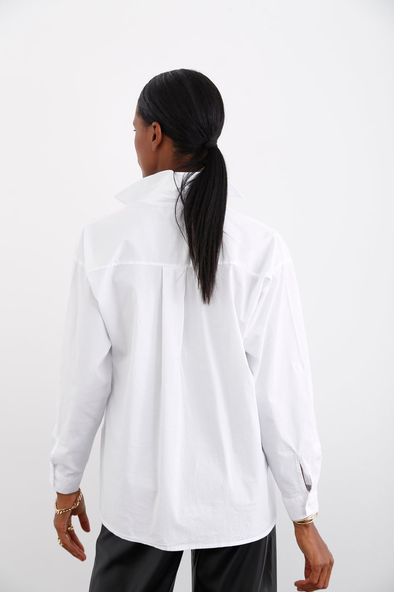 Beyaz Tek Cepli Oversize Gömlek 3802