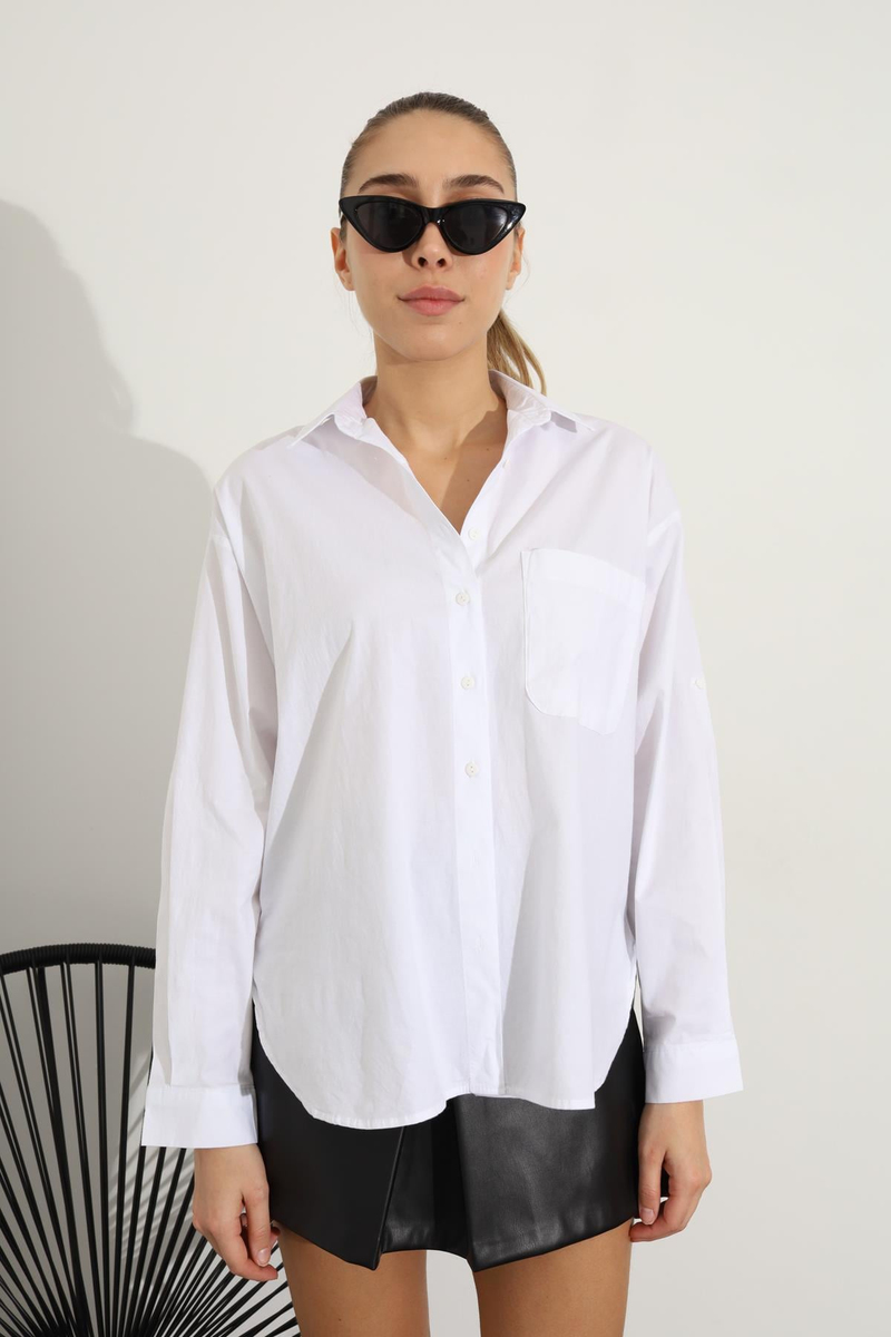 Beyaz Tek Cepli Oversize Gömlek 3802