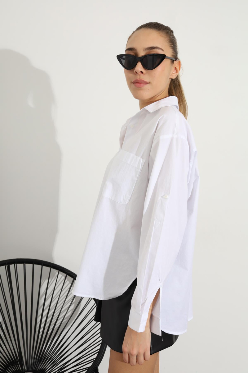 Beyaz Tek Cepli Oversize Gömlek 3802