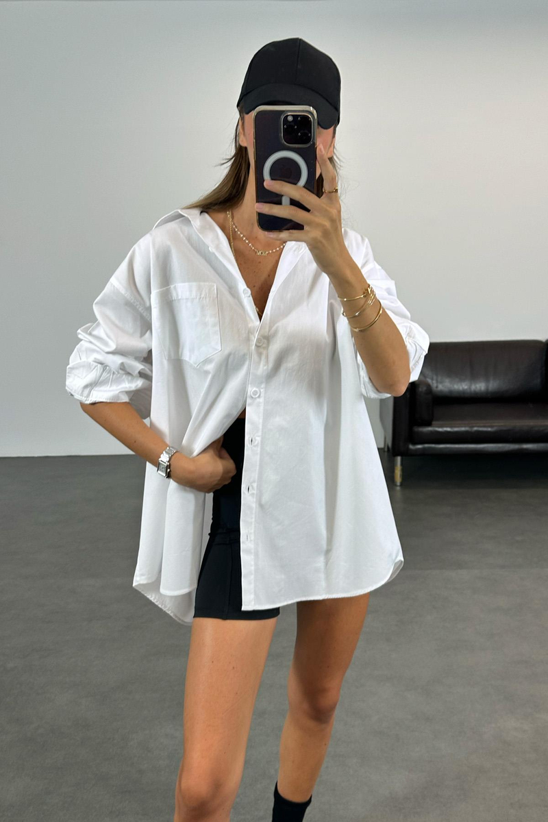 Beyaz Tek Cepli Oversize Gömlek 3974