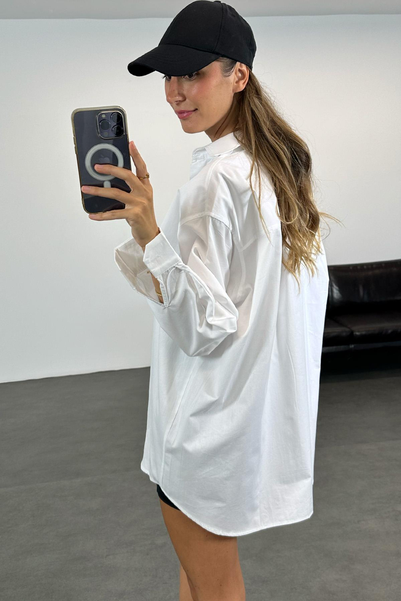 Beyaz Tek Cepli Oversize Gömlek 3974