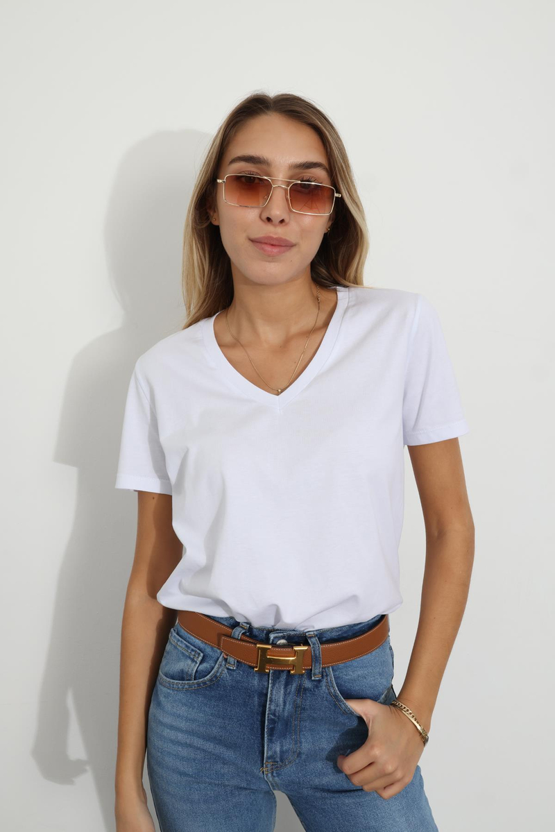 Beyaz V Yaka Basic Tişört 7498