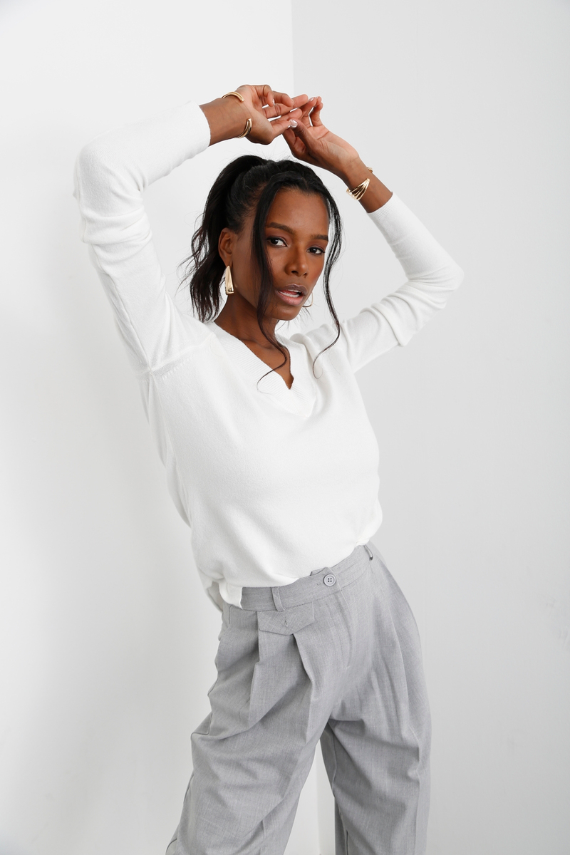 Beyaz V Yaka Basic Triko 20295