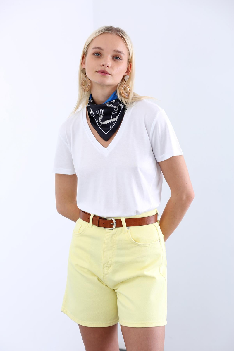 Beyaz V Yaka Basic Tshirt 4741