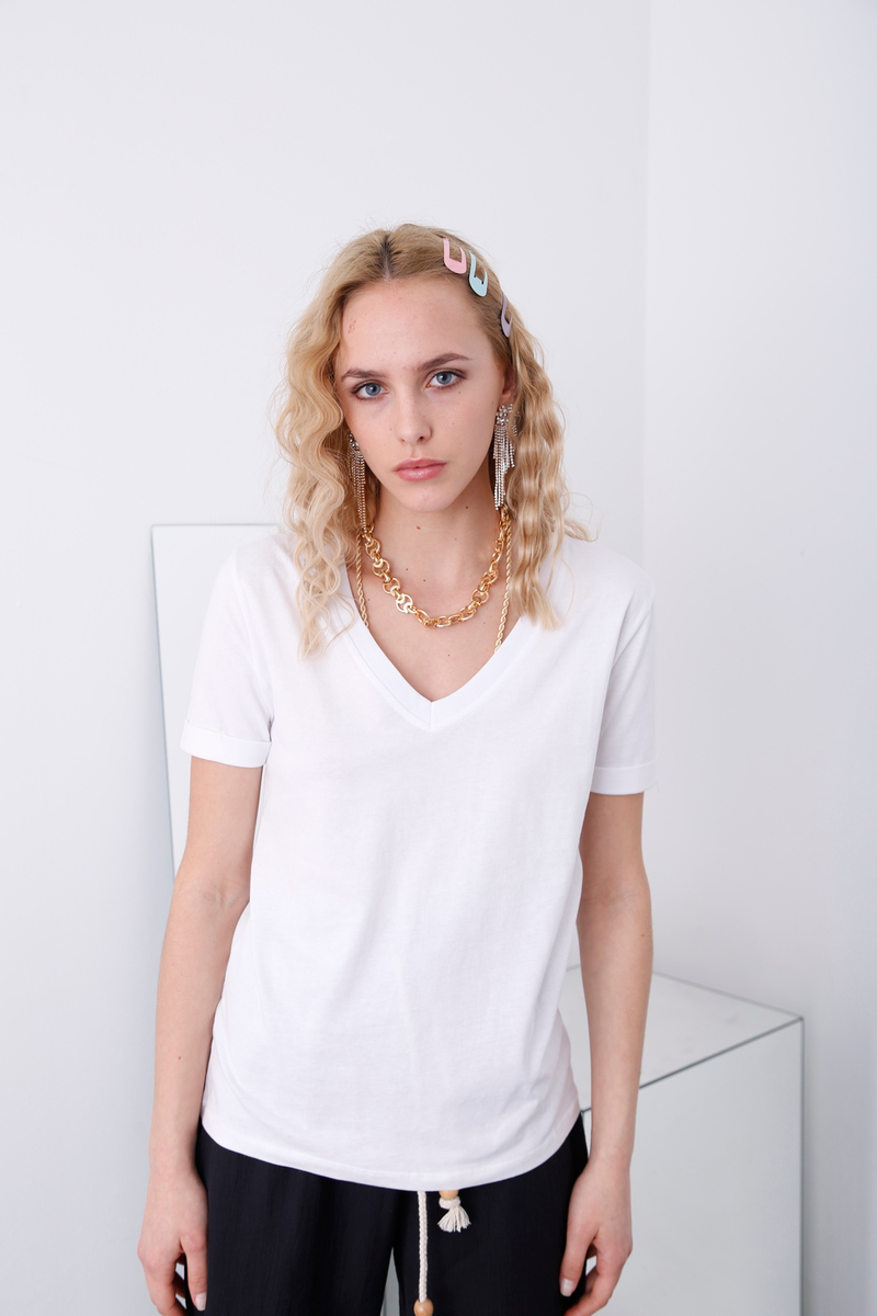 Beyaz V Yaka Duble Kol Tshirt 80390