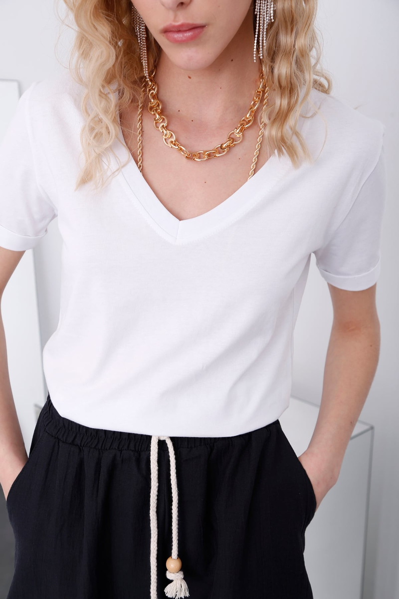 Beyaz V Yaka Duble Kol Tshirt 80390