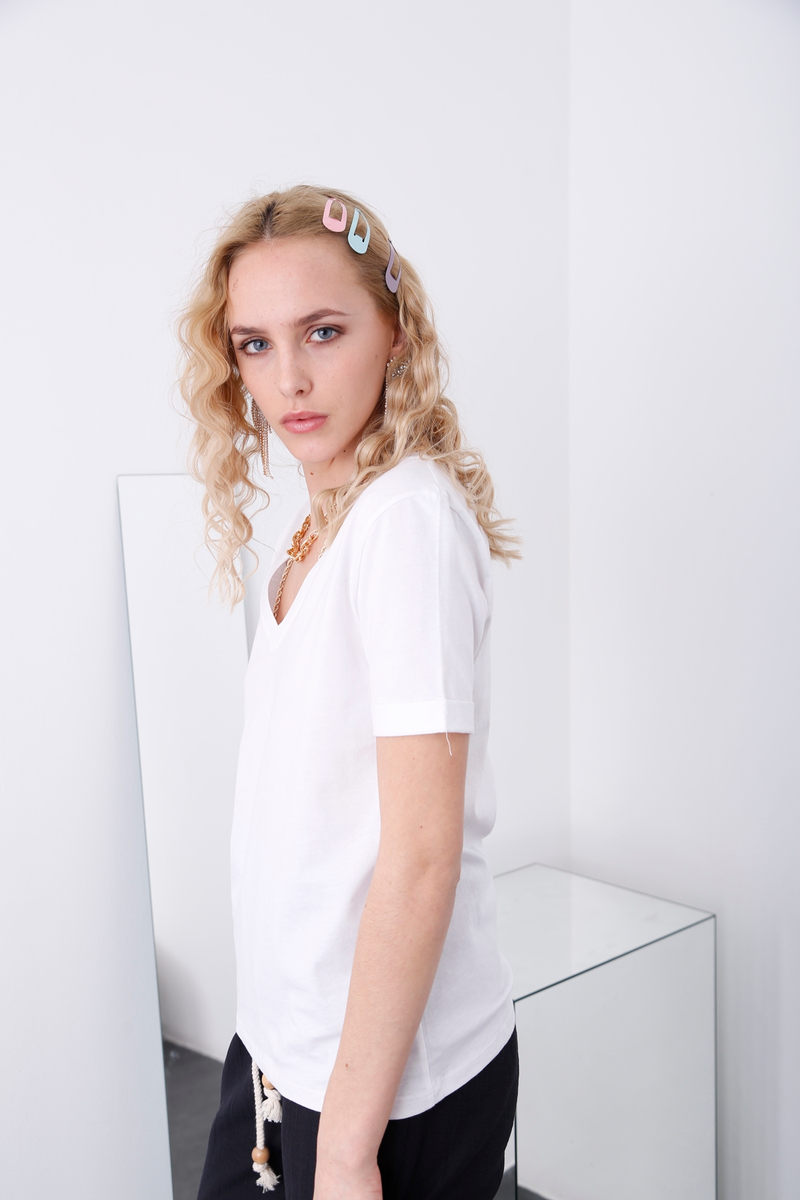 Beyaz V Yaka Duble Kol Tshirt 80390