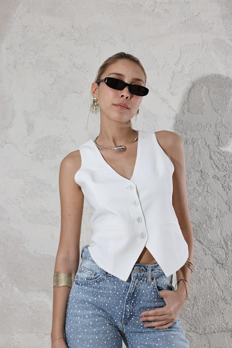 Beyaz V Yaka Keten Yelek 150