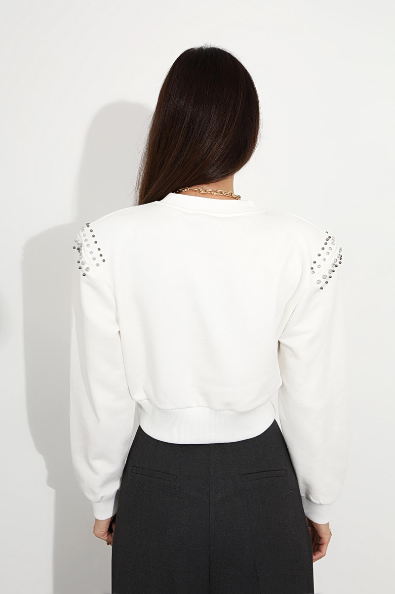 Beyaz Vatkalı Taşlı Sweatshirt 24498