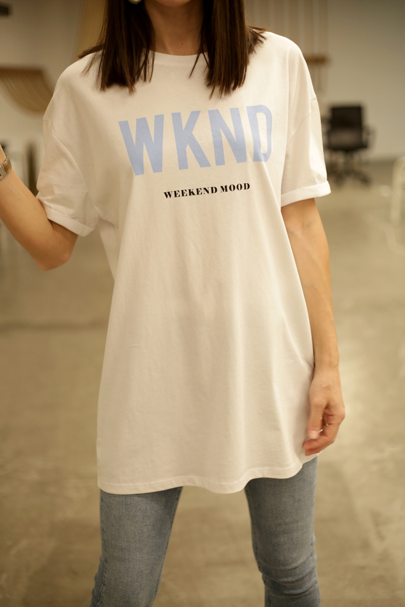 Beyaz WKND Baskılı Tshirt 