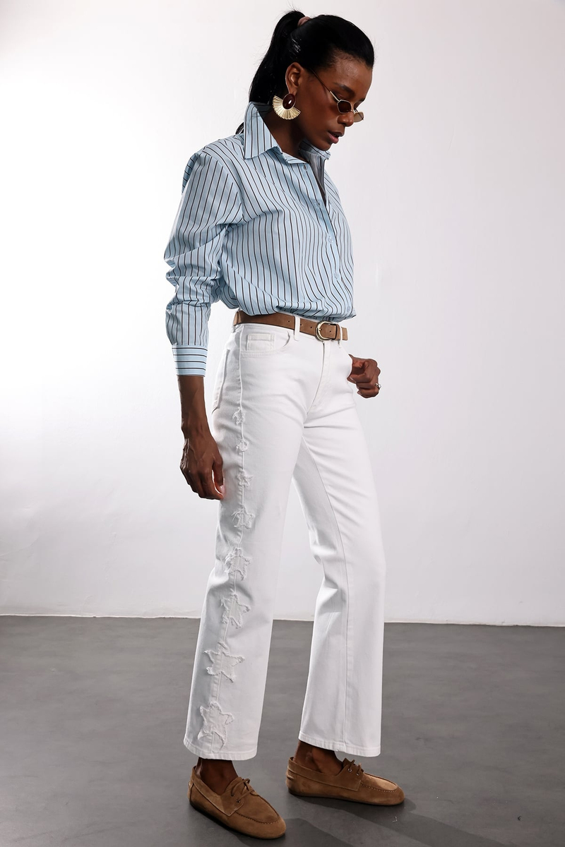 Beyaz Yanları Yıldız Nakışlı Jean 0960