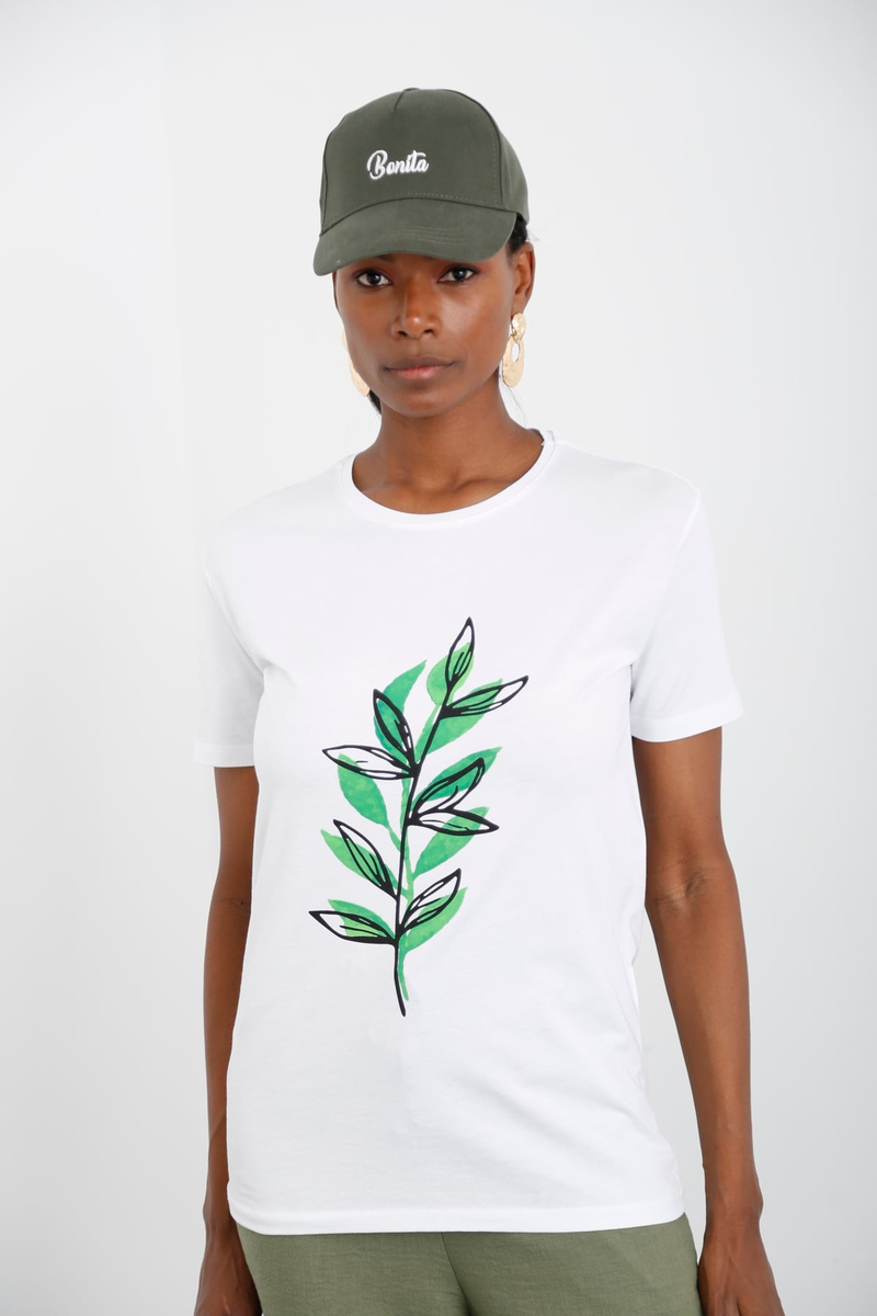 Beyaz Yaprak Baskılı Tshirt 4231