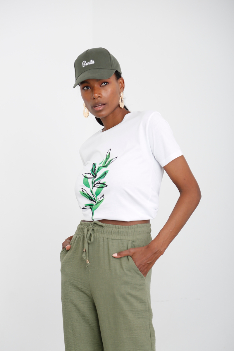 Beyaz Yaprak Baskılı Tshirt 4231