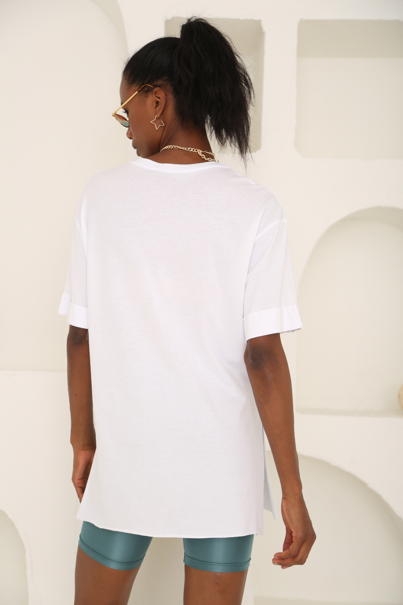 Beyaz Yırtmaçlı Duble Kol Tshirt 3158