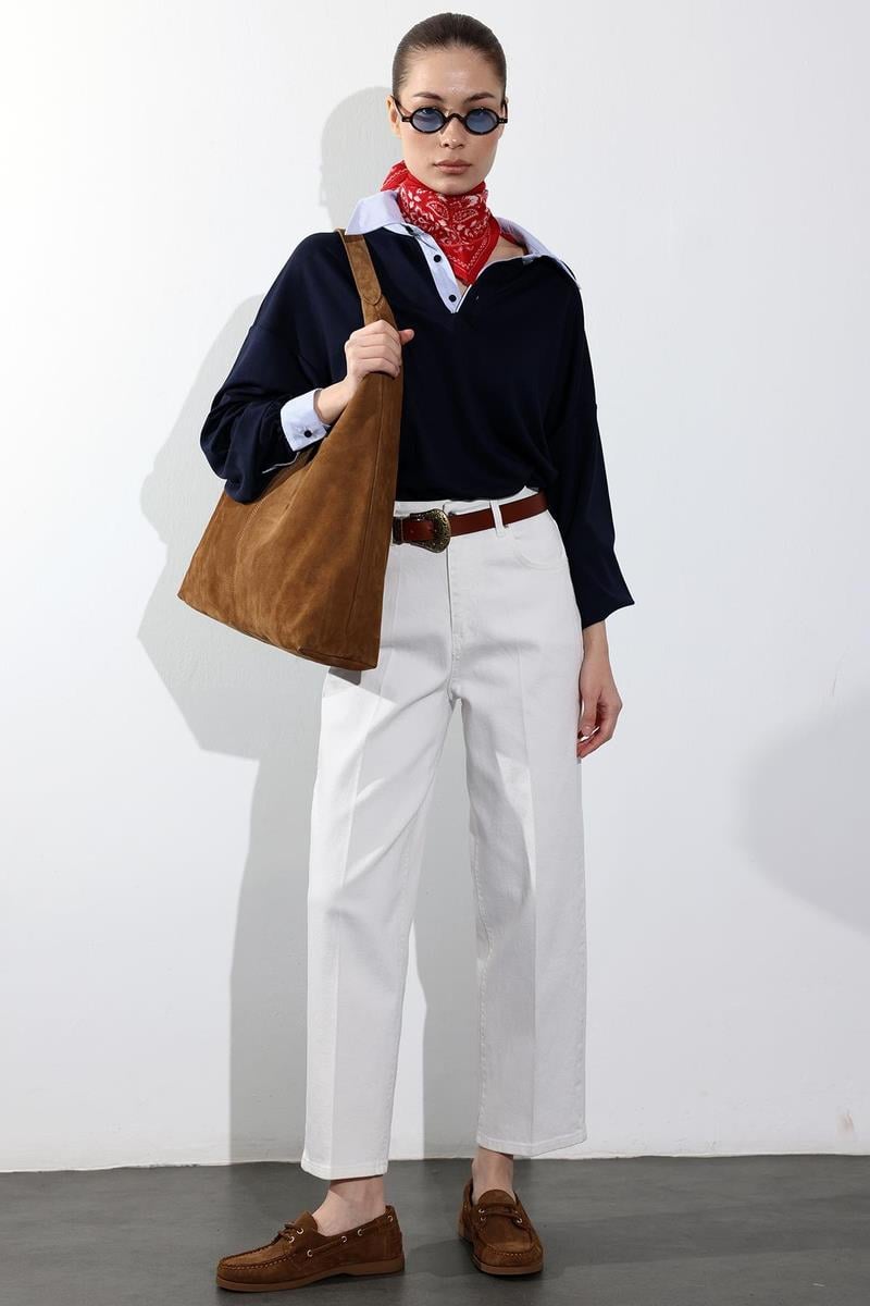 Beyaz Yüksek Bel Baggy Jean 3004