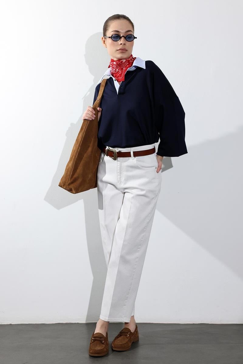 Beyaz Yüksek Bel Baggy Jean 3004