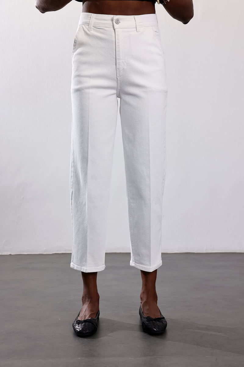 Beyaz Yüksek Bel Tensel Baggy Jean 3001