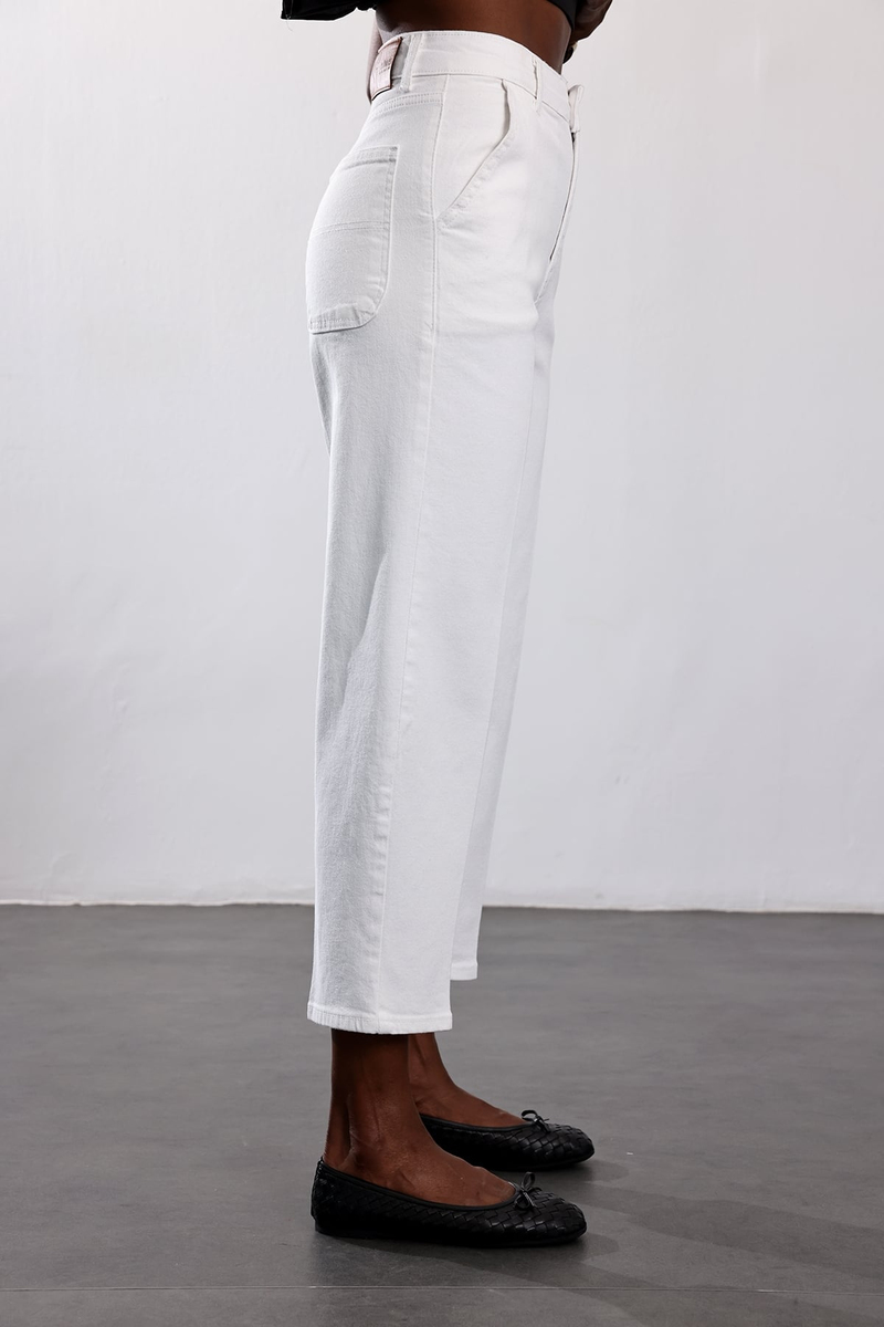 Beyaz Yüksek Bel Tensel Baggy Jean 3001