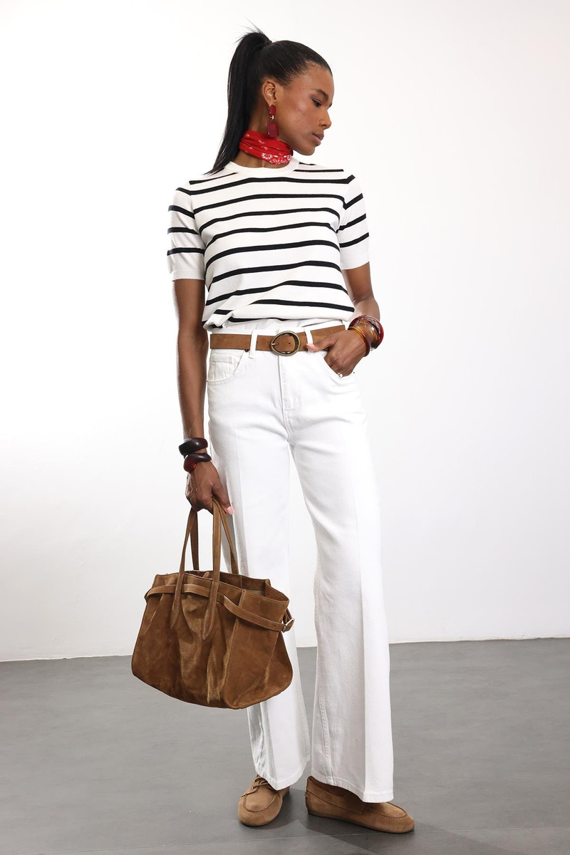 Beyaz Yüksek Bel Wide Leg Jean 