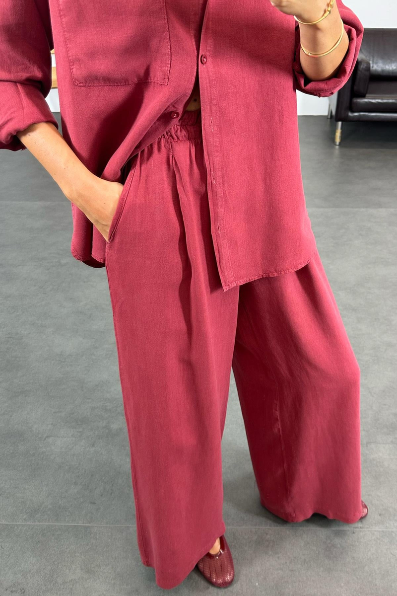 Bordo %100 Keten Gömlek Pantolon Takım 1640