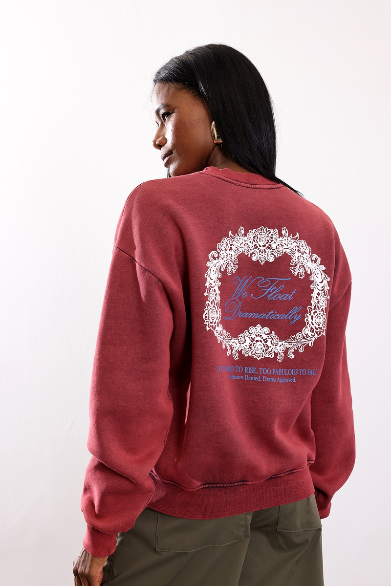 Bordo Arkası Baskılı Bisiklet Yaka Sweatshirt 954