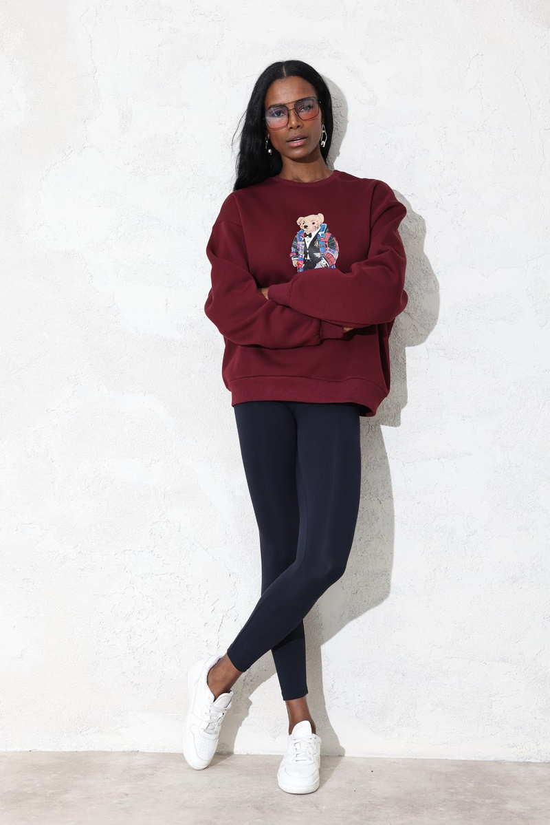 Bordo Ayıcık Baskılı Sweatshirt 110031