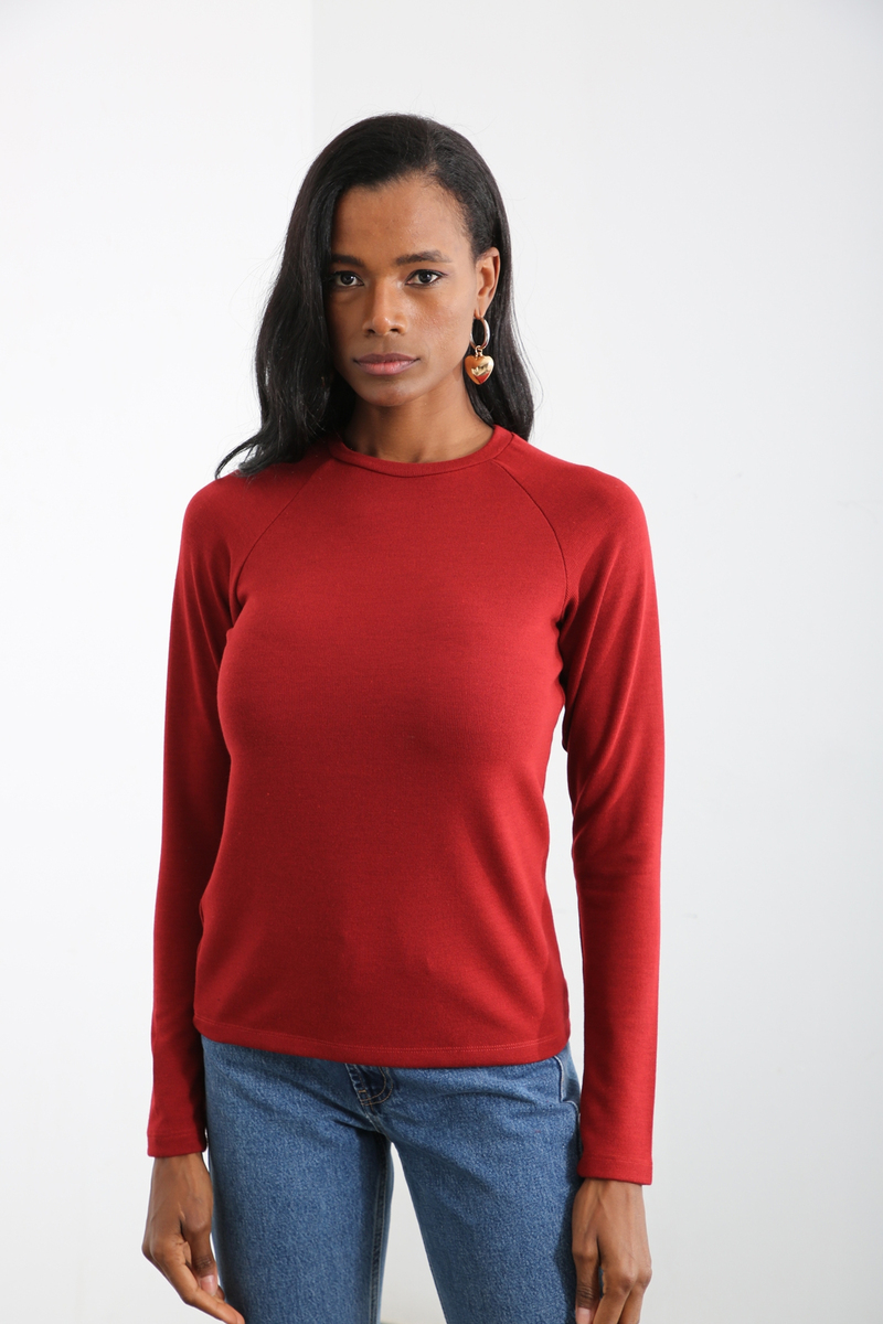 Bordo Bisiklet Yaka Basic Bluz 