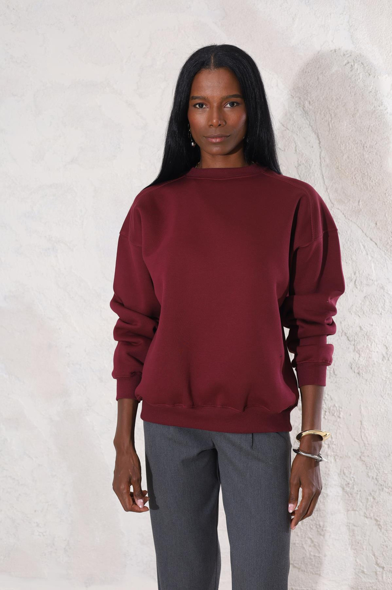 Bordo Bisiklet Yaka Basic Sweatshirt 3408
