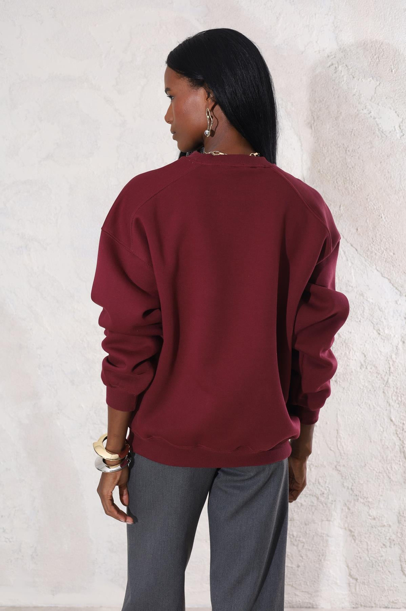 Bordo Bisiklet Yaka Basic Sweatshirt 3408
