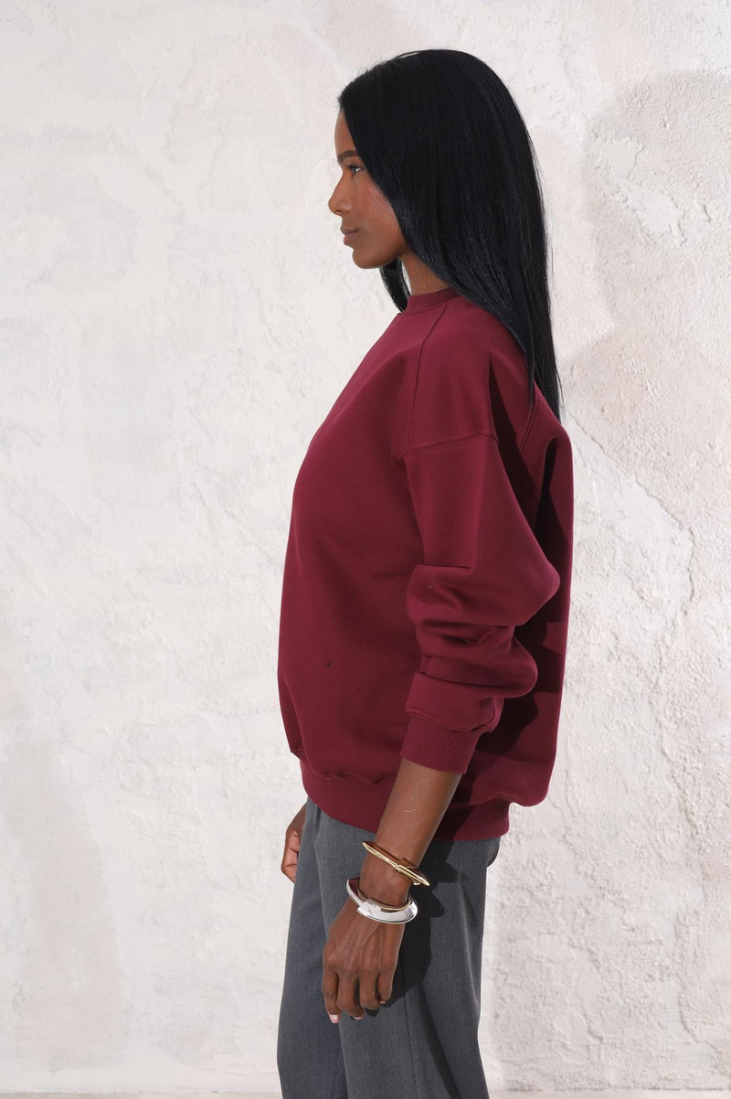 Bordo Bisiklet Yaka Basic Sweatshirt 3408