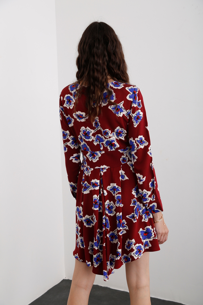 Bordo Çiçek Desenli Elbise 0081