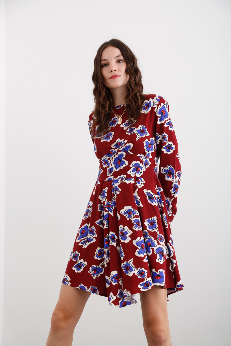 Bordo Çiçek Desenli Elbise 0081