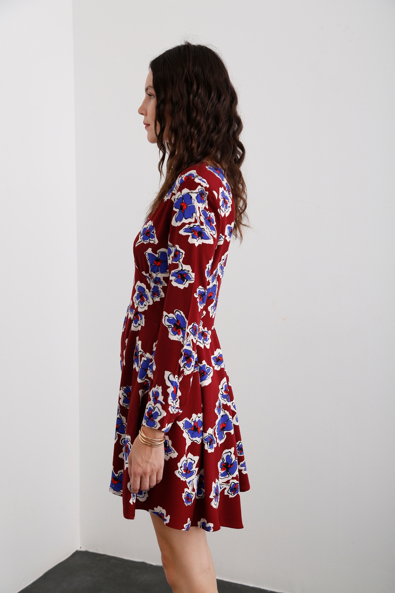 Bordo Çiçek Desenli Elbise 0081