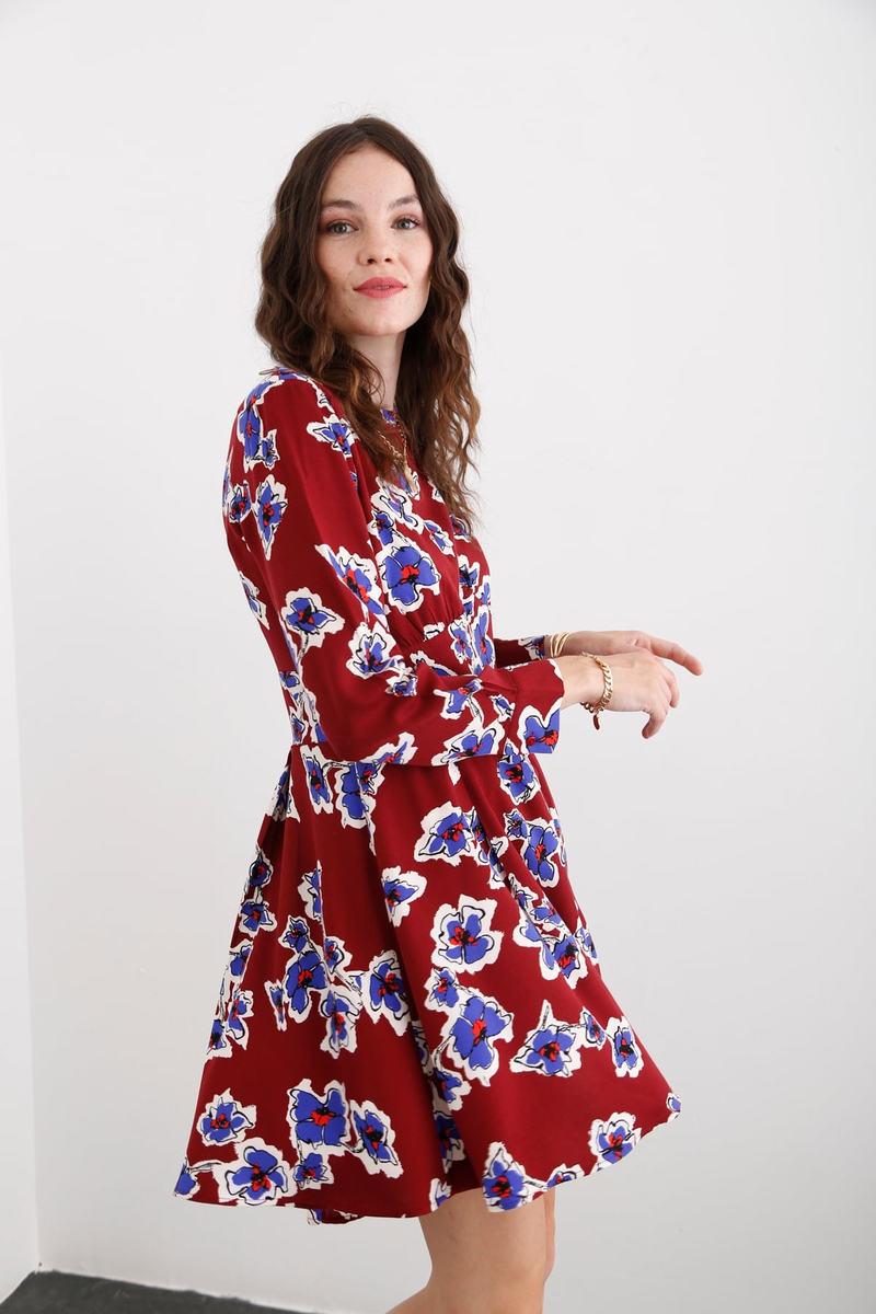 Bordo Çiçek Desenli Elbise 0081