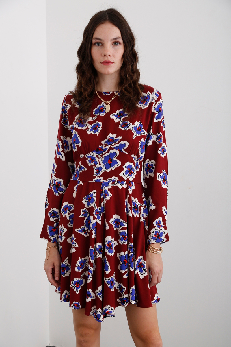 Bordo Çiçek Desenli Elbise 0081