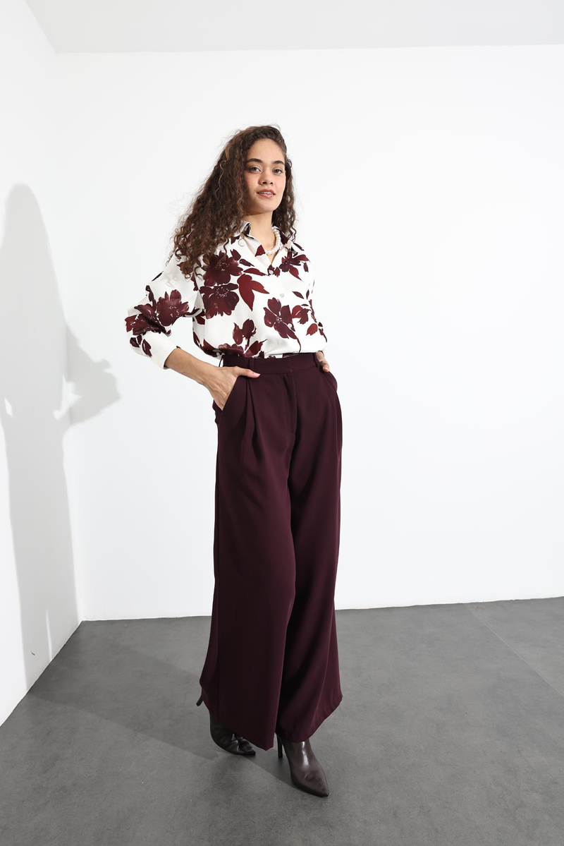 Bordo Çiçek Desenli Saten Gömlek 16537