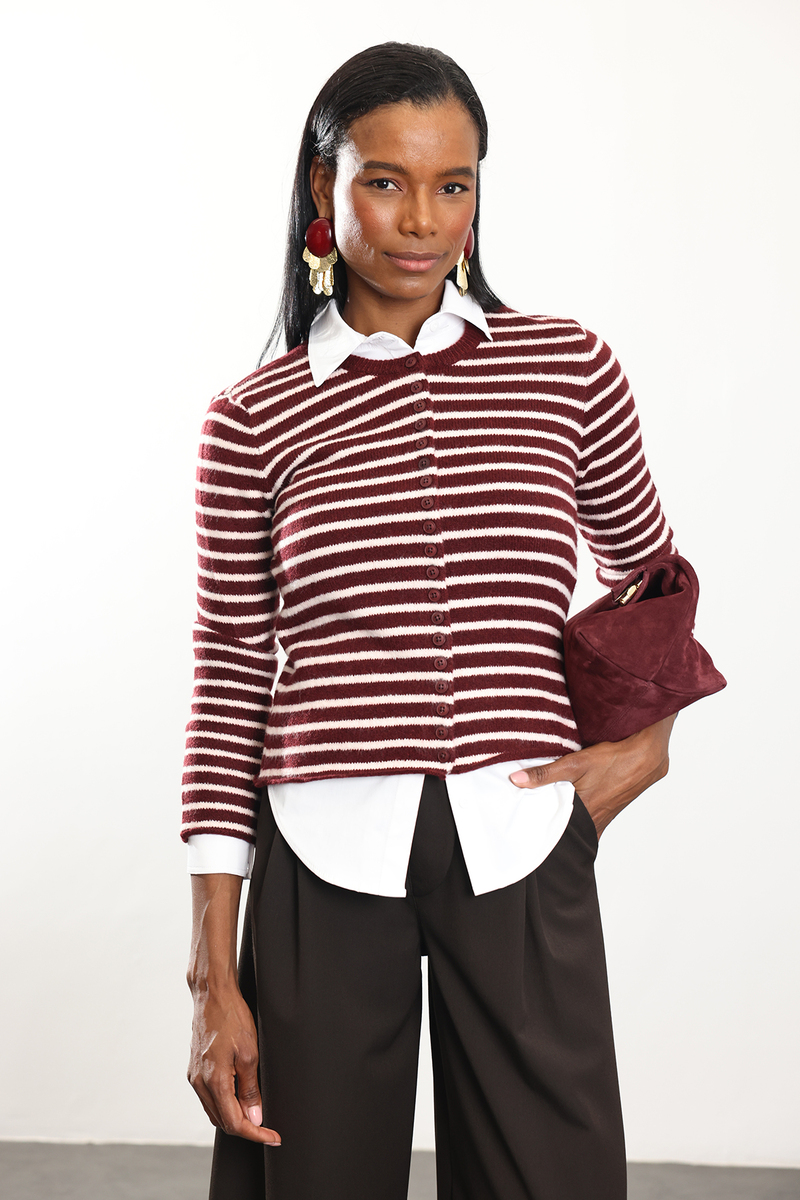 Bordo Çizgili Örgü Hırka TH261005