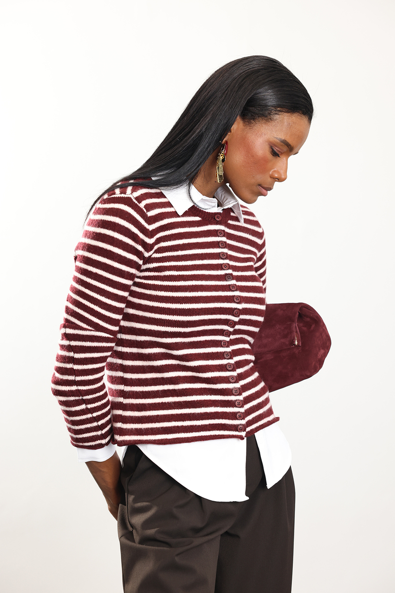 Bordo Çizgili Örgü Hırka TH261005